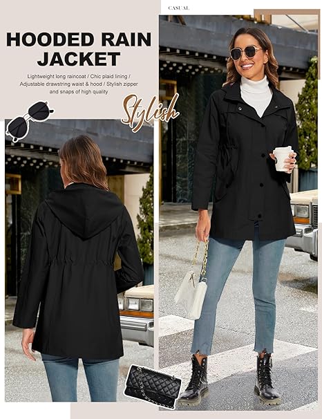 Women's Waterproof Long Rain Jacket Hooded Raincoat | Green, Black, Navy | S, XL, 2XL