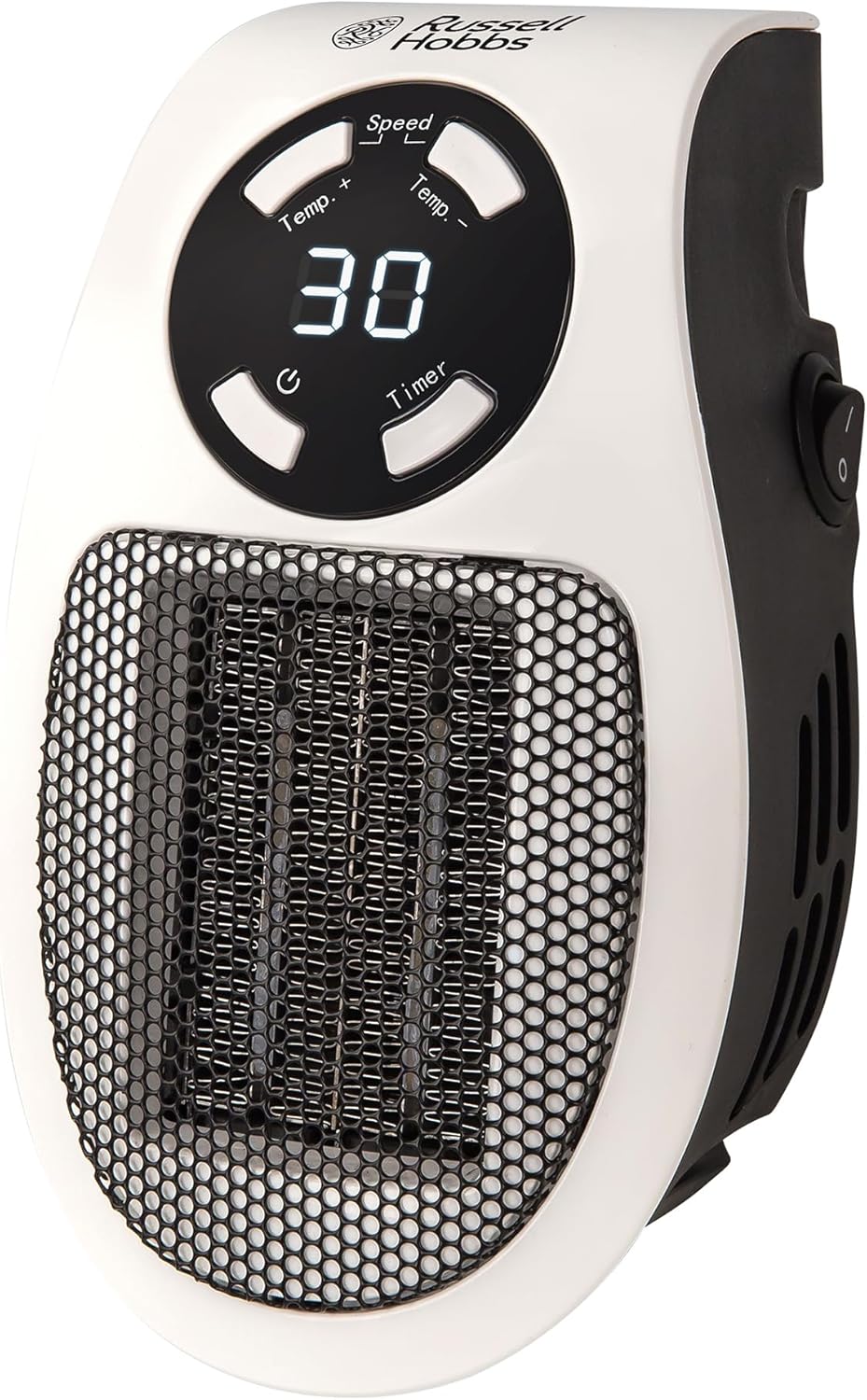 Russell Hobbs RHPH2001 500W Ceramic Plug Heater – 12Hr Timer, Adjustable Thermostat, 2 Fan Speeds, White