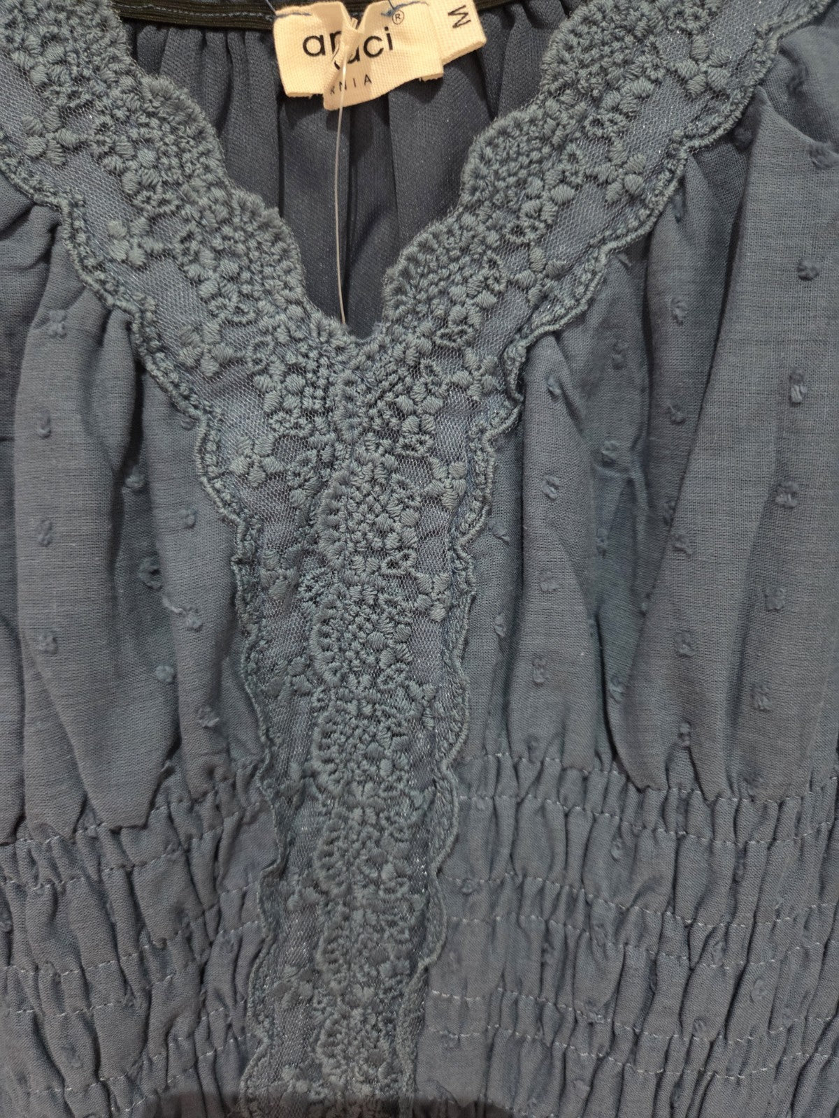 Anna-Kaci Dusty Blue Maxi Dress M BNWT Boho Swiss Dot Lace Crochet Summer