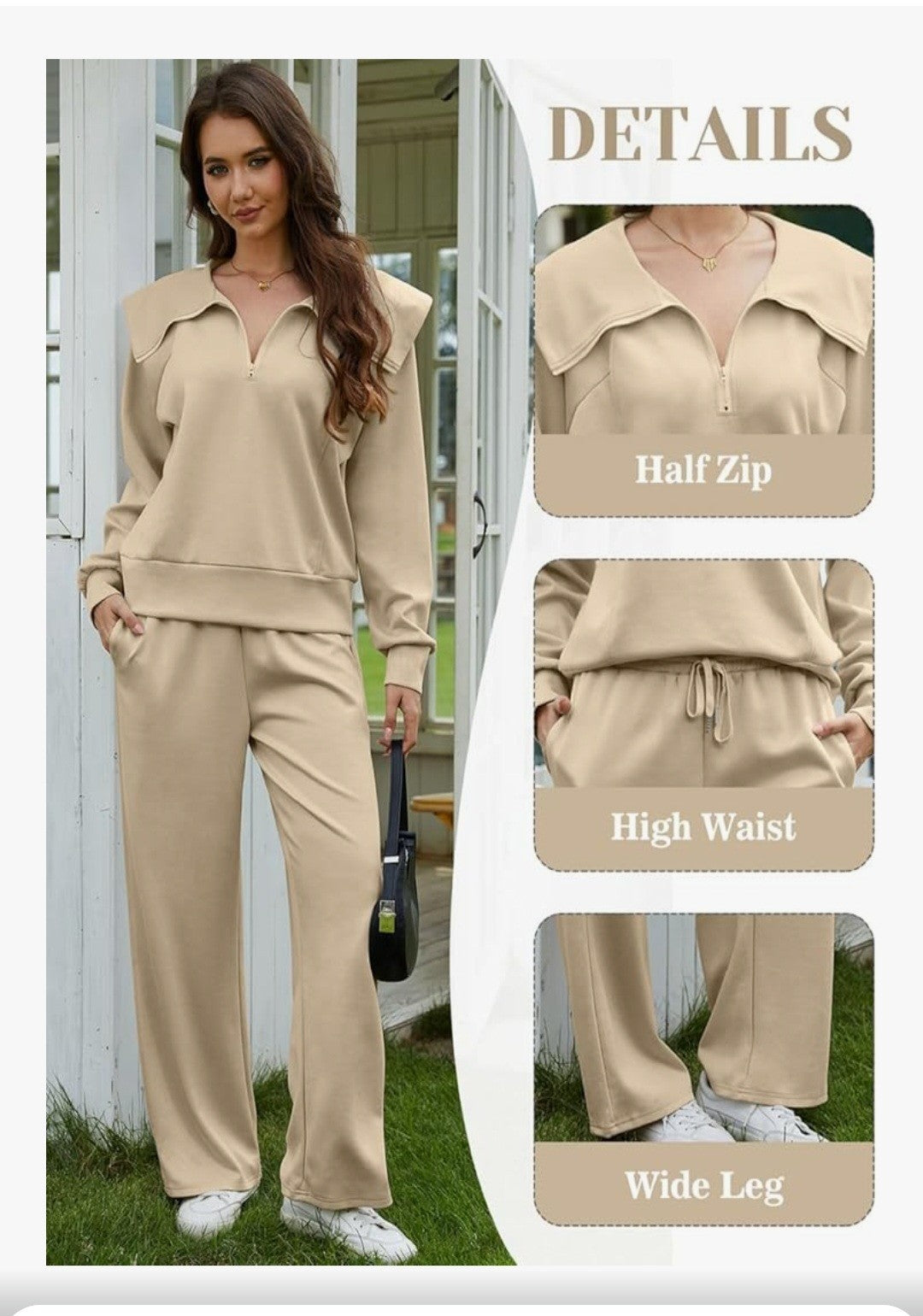 GheChury Women's 2 Piece Lounge Set Khaki Beige Half Zip Sweatshirt & Wide...