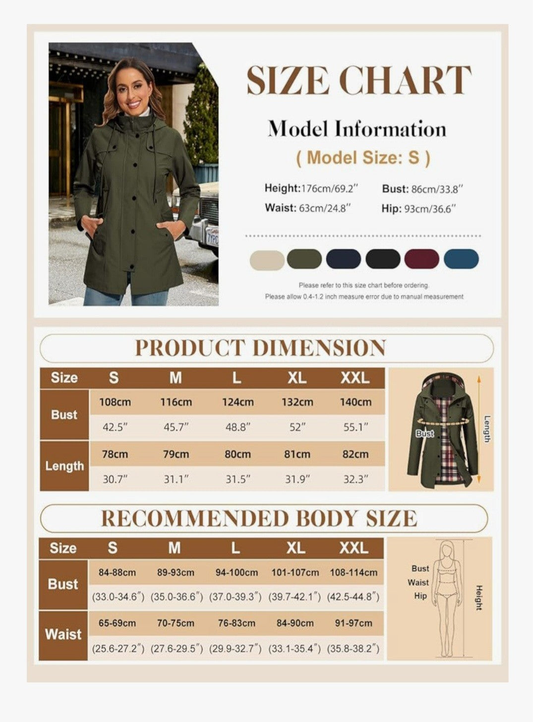 Women's Waterproof Jacket Long Rain Coats Hooded Rain Jacket Size S