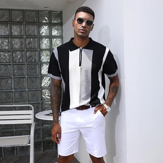 Men's Fashion Polo Shirts Vintage Striped Knitting Shirts Casual Long Sleeve Gol