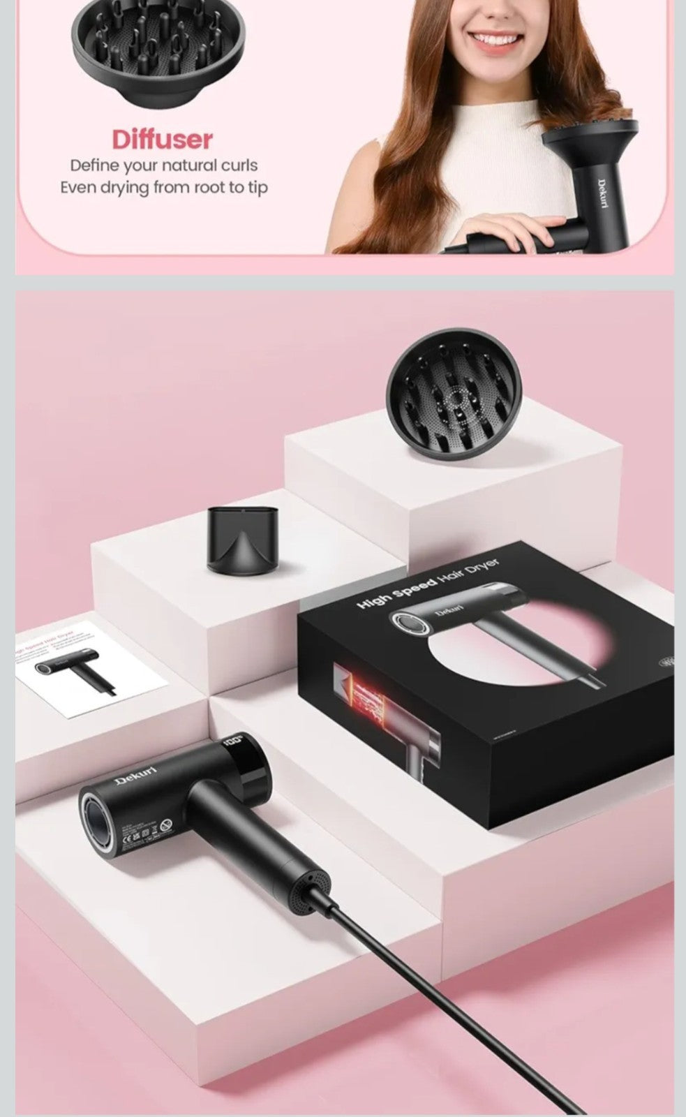 Dekuri Ionic Hair Dryer High Speed Brushless Motor with LED Display Black - NEW