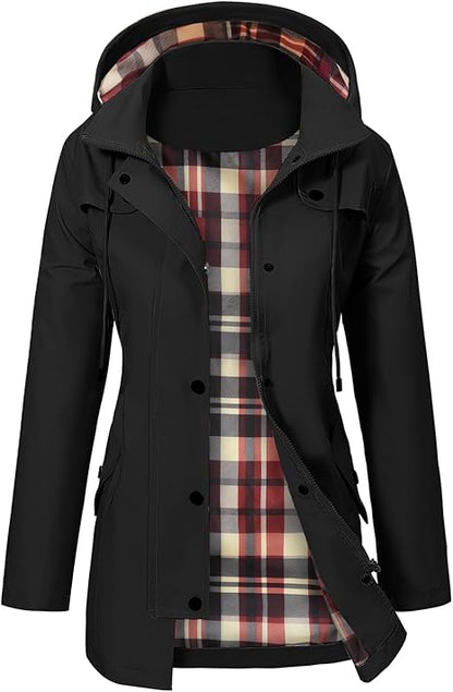 Women's Waterproof Long Rain Jacket Hooded Raincoat | Green, Black, Navy | S, XL, 2XL