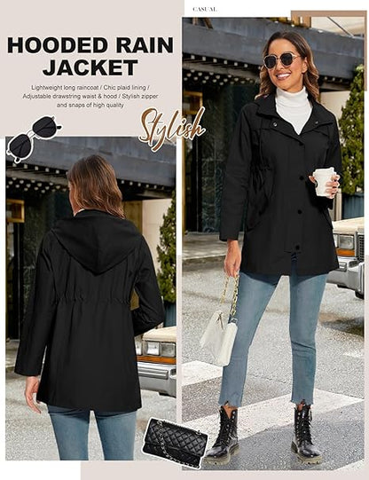 Women's Waterproof Long Rain Jacket Hooded Raincoat | Green, Black, Navy | S, XL, 2XL