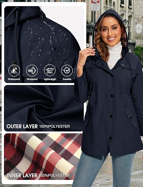 Women's Waterproof Long Rain Jacket Hooded Raincoat | Green, Black, Navy | S, XL, 2XL