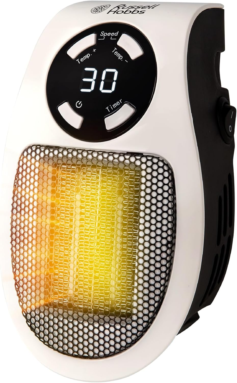 Russell Hobbs RHPH2001 500W Ceramic Plug Heater – 12Hr Timer, Adjustable Thermostat, 2 Fan Speeds, White