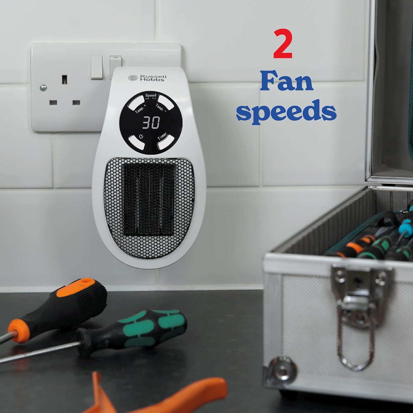 Russell Hobbs RHPH2001 500W Ceramic Plug Heater – 12Hr Timer, Adjustable Thermostat, 2 Fan Speeds, White