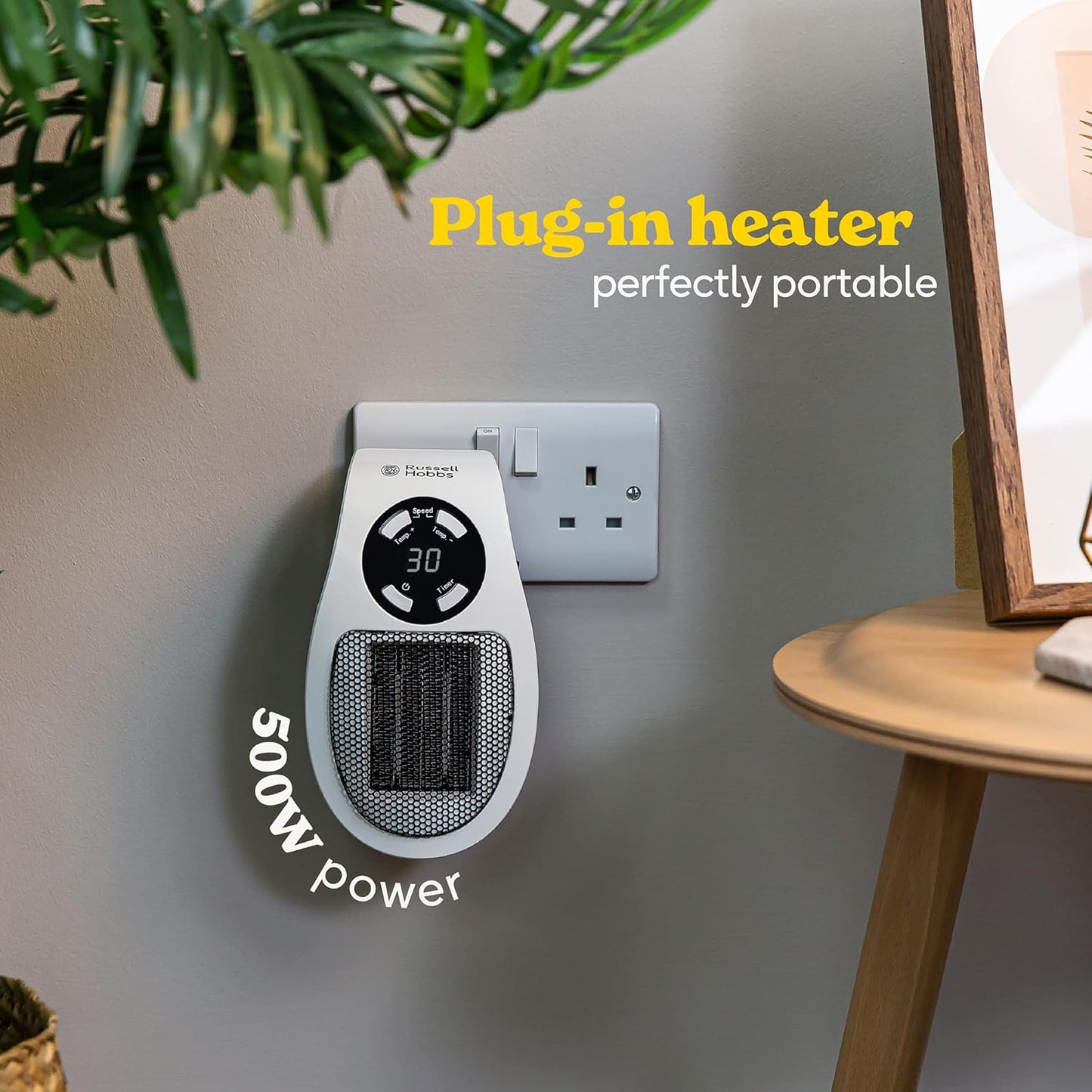 Russell Hobbs RHPH2001 500W Ceramic Plug Heater – 12Hr Timer, Adjustable Thermostat, 2 Fan Speeds, White