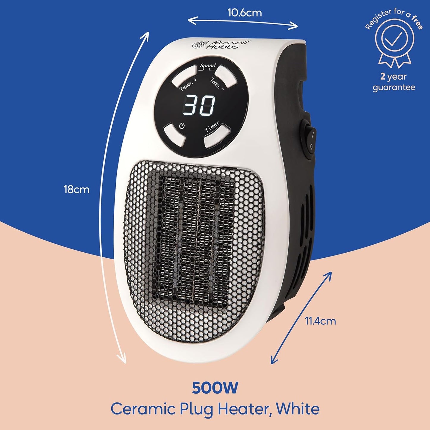 Russell Hobbs RHPH2001 500W Ceramic Plug Heater – 12Hr Timer, Adjustable Thermostat, 2 Fan Speeds, White