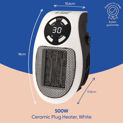 Russell Hobbs RHPH2001 500W Ceramic Plug Heater – 12Hr Timer, Adjustable Thermostat, 2 Fan Speeds, White
