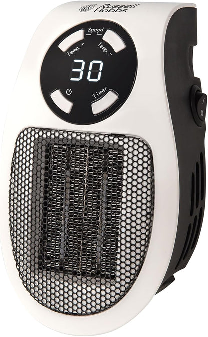 Russell Hobbs RHPH2001 500W Ceramic Plug Heater – 12Hr Timer, Adjustable Thermostat, 2 Fan Speeds, White