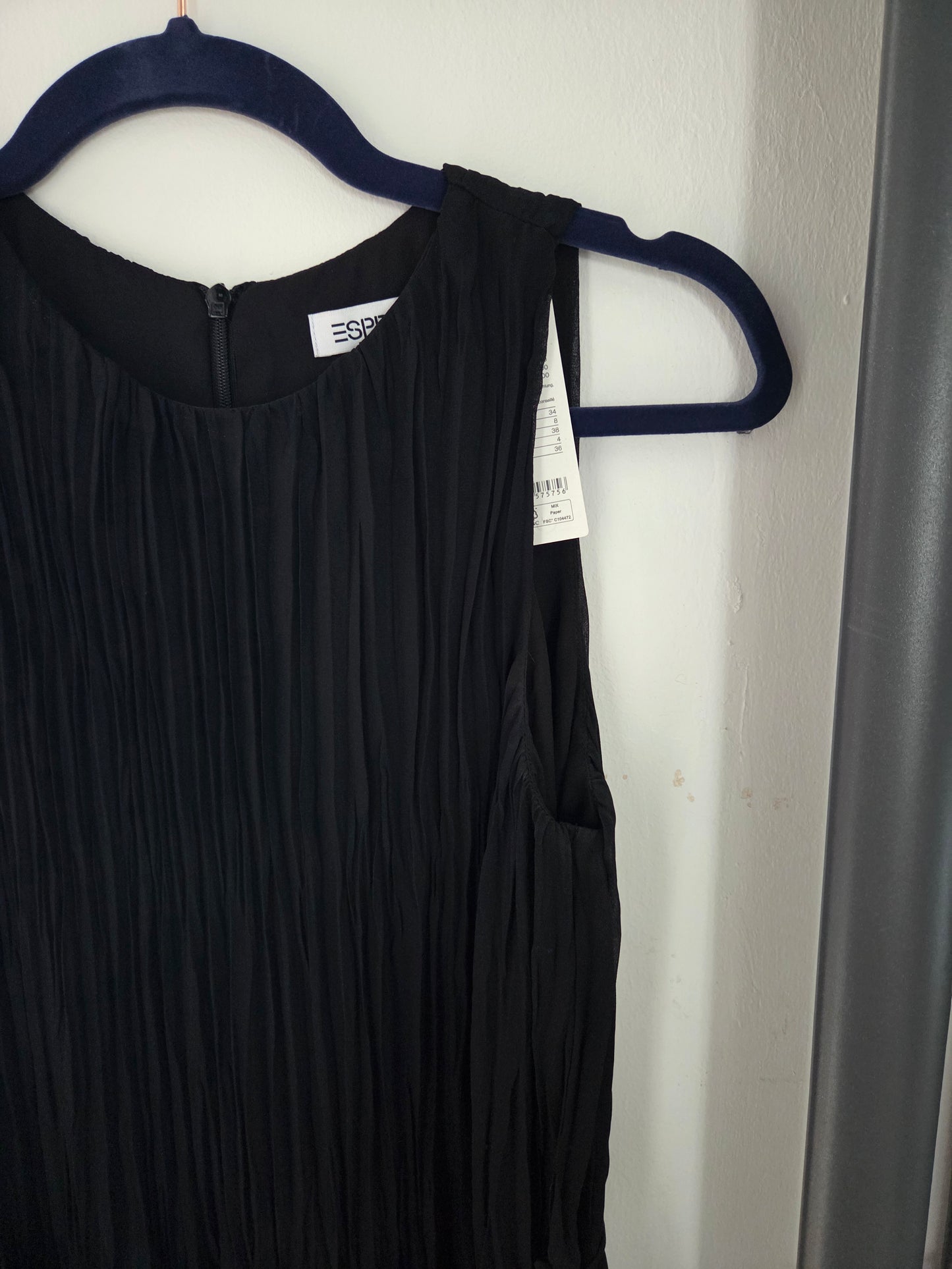 ESPRIT Black Pleated Chiffon Midi Dress with Tie Belt - Size UK 8 - NWT