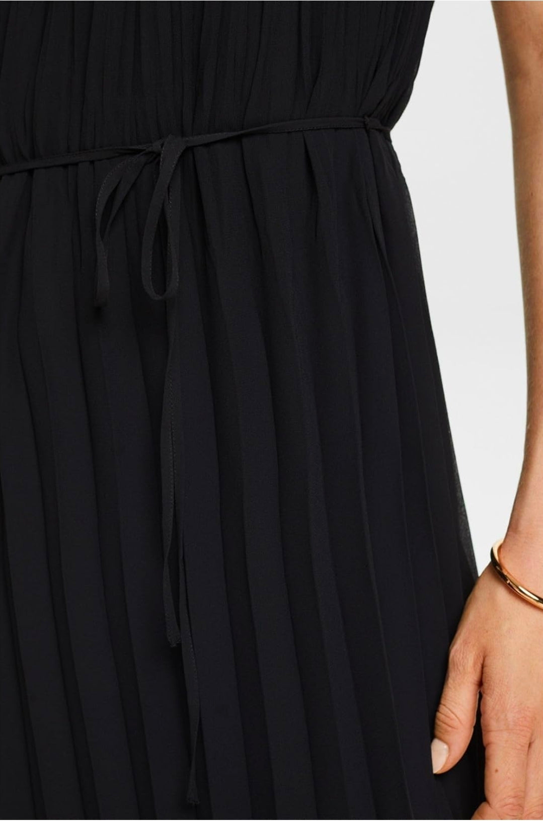 ESPRIT Black Pleated Chiffon Midi Dress with Tie Belt - Size UK 8 - NWT