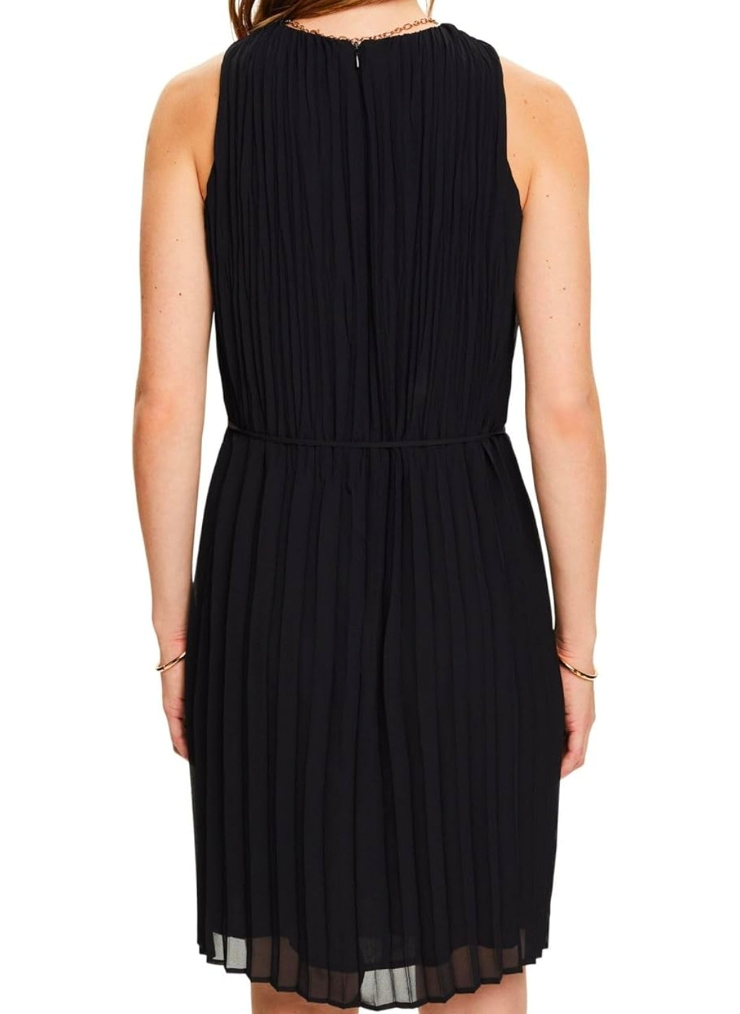ESPRIT Black Pleated Chiffon Midi Dress with Tie Belt - Size UK 8 - NWT