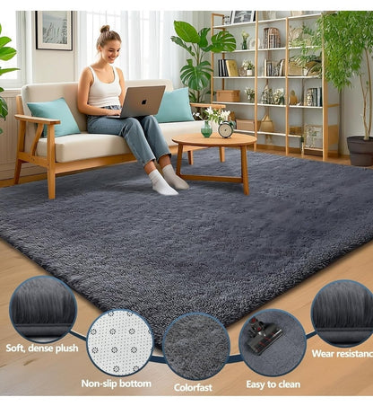 Large Shaggy Rug 200x300cm Deep Grey Living Room Bedroom Area Rug Non-Slip NEW