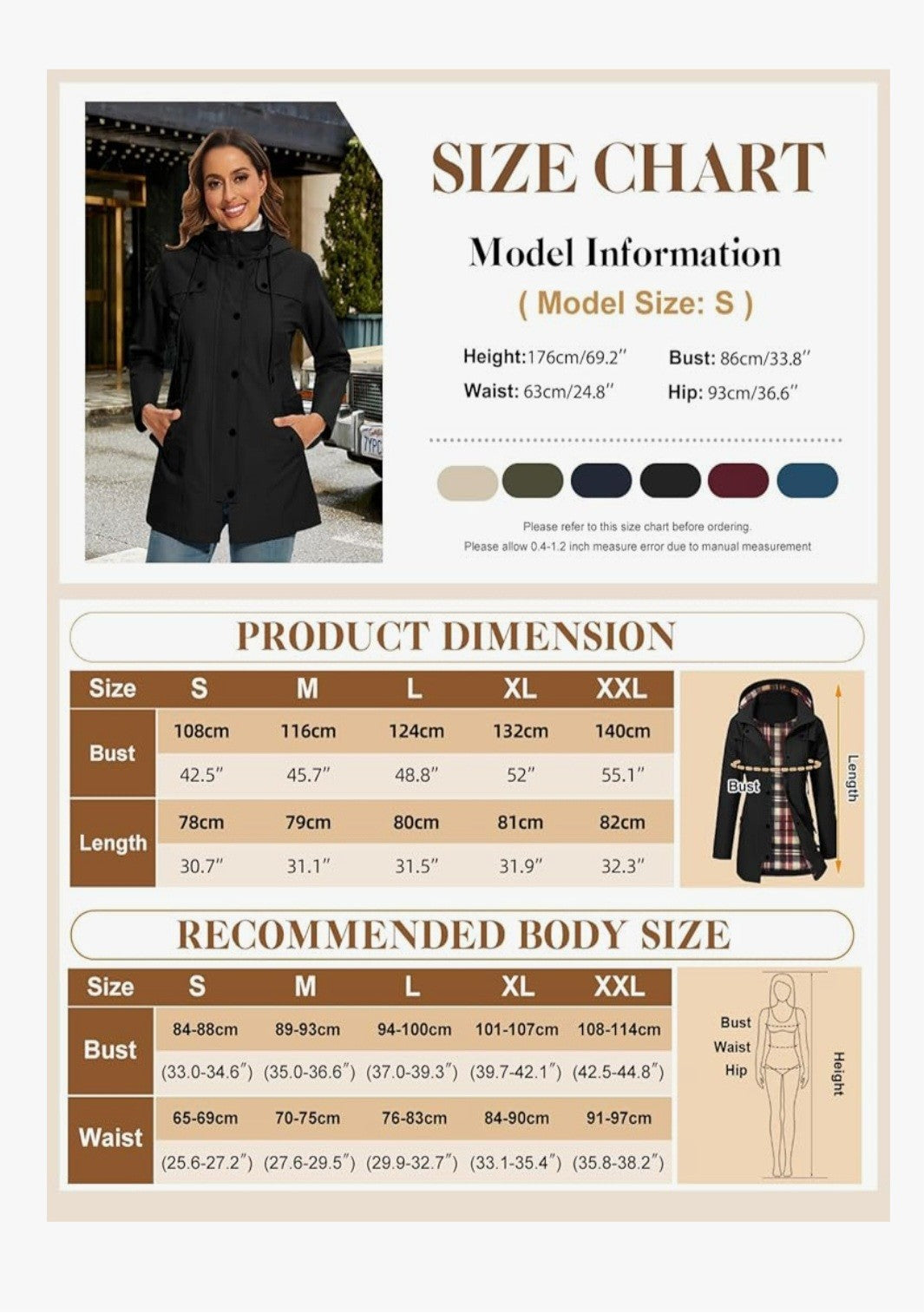 Women's Waterproof Jacket Long Rain Coats Hooded Rain Jacket XL