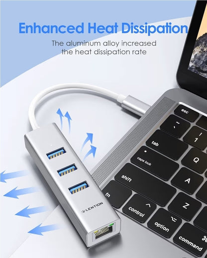 LENTION USB-C Hub to 3x USB 3.0 + Gigabit Ethernet Adapter MacBook Pro Air iPad