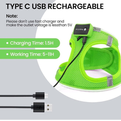 LED Light Up Dog Harness Reflective Green XS Night Safety Walking Glow USB New