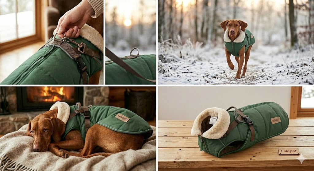 LELEPET Dog Winter Jacket with Harness – Warm Fleece Padded Coat for Small & Med