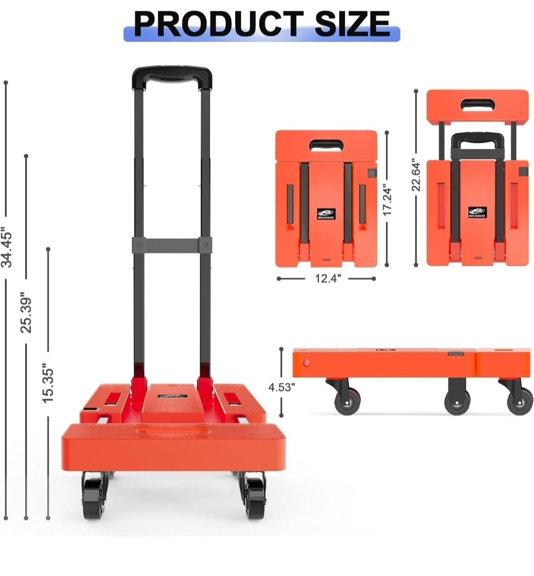 SOLEJAZZ Folding Hand Truck 500LB Heavy Duty Dolly - 6 Wheels - Orange