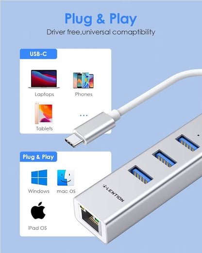 LENTION USB-C Hub to 3x USB 3.0 + Gigabit Ethernet Adapter MacBook Pro Air iPad