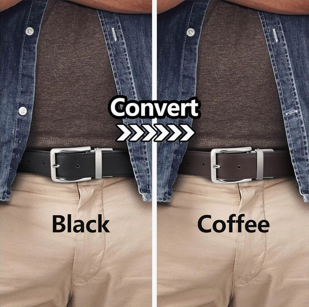 Sunya Men's Genuine Leather Reversible Belt Black Brown 2in1 Twist Buckle Boxed