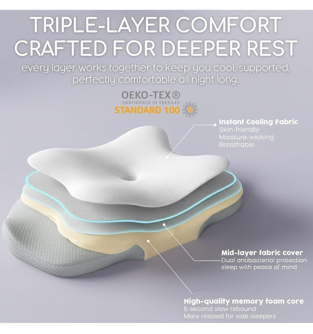 RUMMY Cervical Memory Foam Pillow - Ergonomic Neck Support - Grey