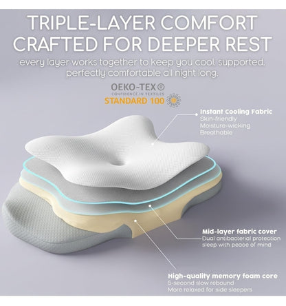 RUMMY Cervical Memory Foam Pillow - Ergonomic Neck Support - Grey