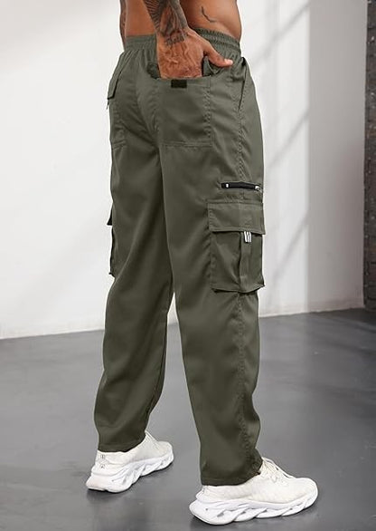 CTU Mens Cargo Shorts Cotton Elastic Waist Capri Knee Length Pants with Multi Po