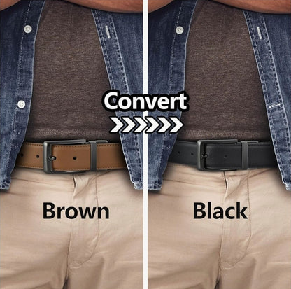 Sunya Men's Genuine Leather Reversible Belt Black Brown 2in1 Twist Buckle Boxed