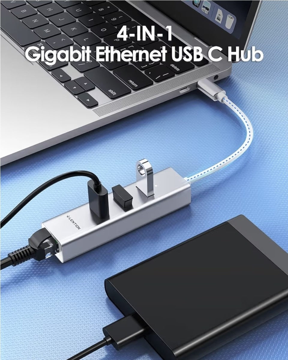 LENTION USB-C Hub to 3x USB 3.0 + Gigabit Ethernet Adapter MacBook Pro Air iPad