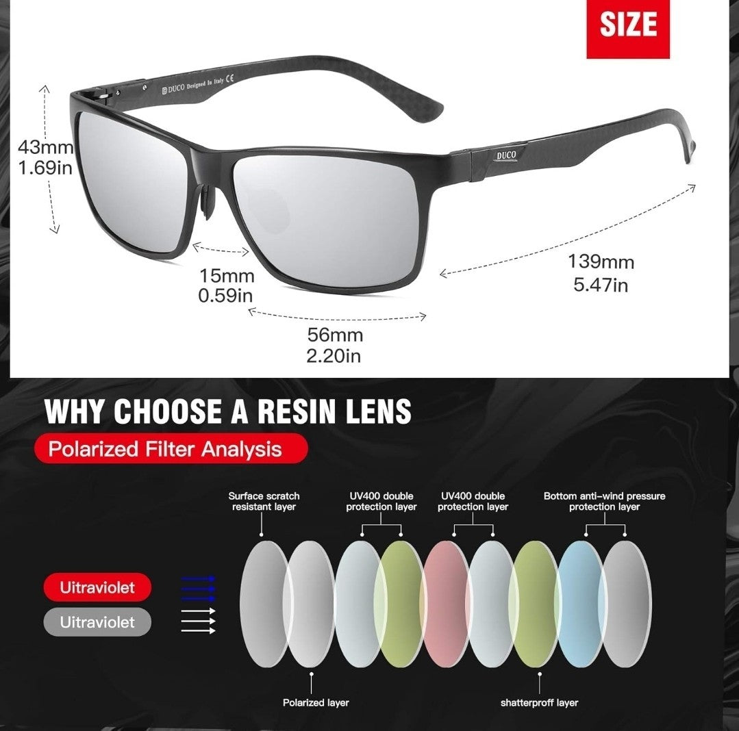DUCO Men's Polarized Sunglasses 8206 Black Frame Silver Lens - FULL SET NEW