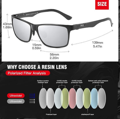 DUCO Men's Polarized Sunglasses 8206 Black Frame Silver Lens - FULL SET NEW