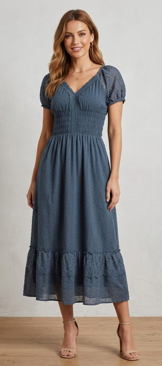 Anna-Kaci Dusty Blue Maxi Dress M BNWT Boho Swiss Dot Lace Crochet Summer