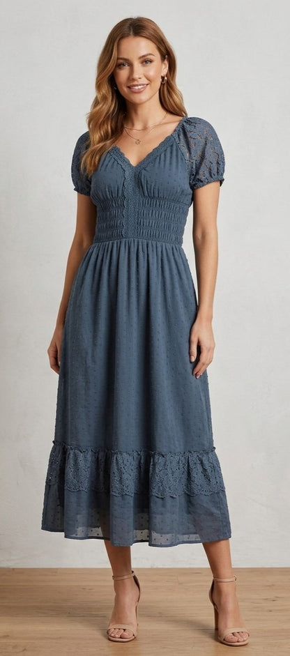 Anna-Kaci Dusty Blue Maxi Dress M BNWT Boho Swiss Dot Lace Crochet Summer