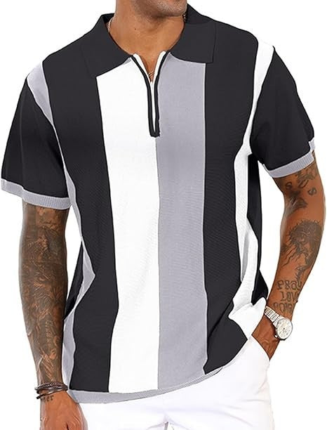 Men's Fashion Polo Shirts Vintage Striped Knitting Shirts Casual Long Sleeve Gol