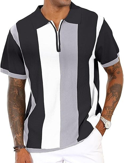 Men's Fashion Polo Shirts Vintage Striped Knitting Shirts Casual Long Sleeve Gol