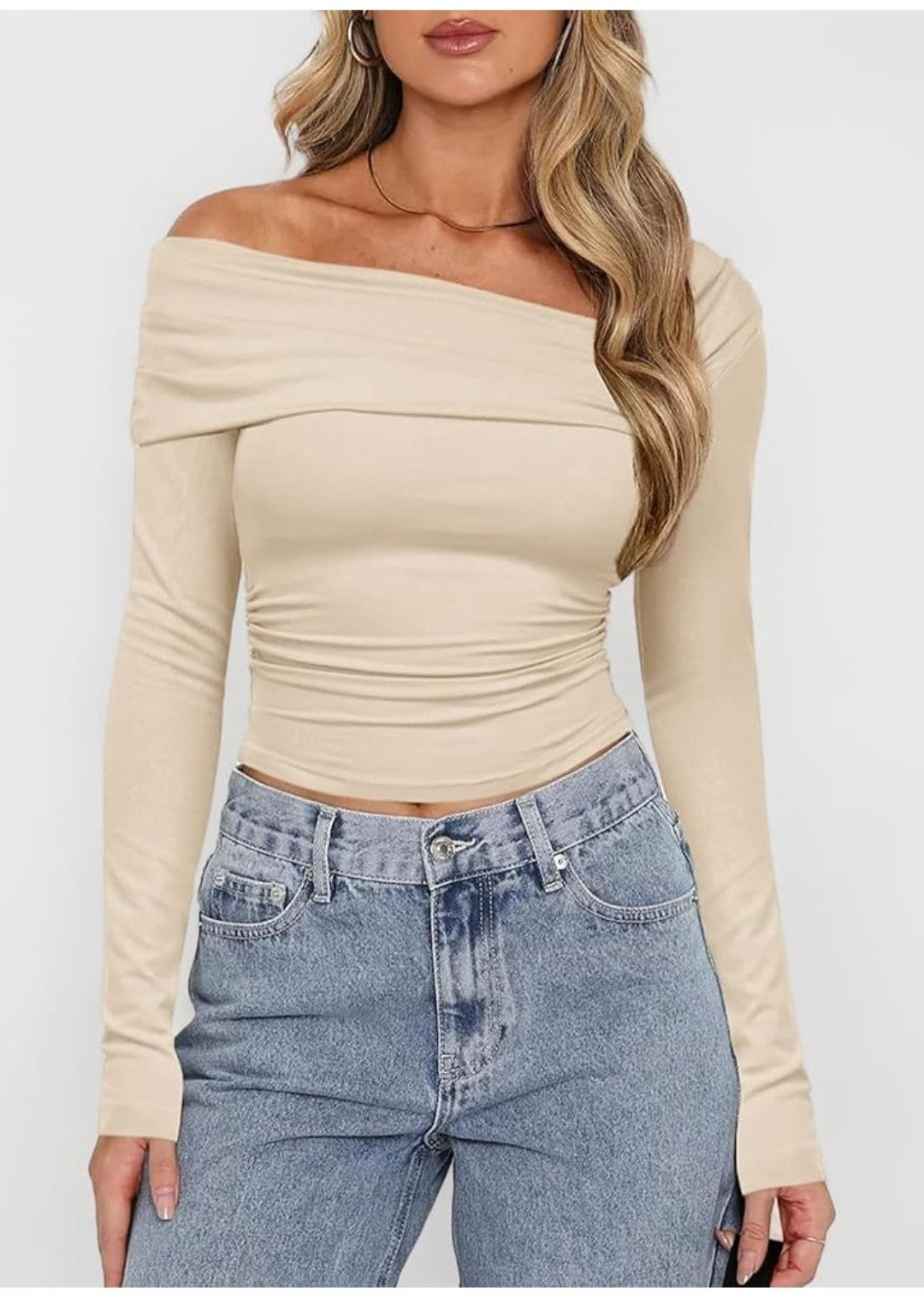 TRENDIMAX Women’s Cream Top Size M BNWT RuchedOff Shoulder Cotton Stretch Blouse