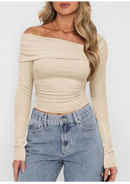 TRENDIMAX Women’s Cream Top Size M BNWT RuchedOff Shoulder Cotton Stretch Blouse