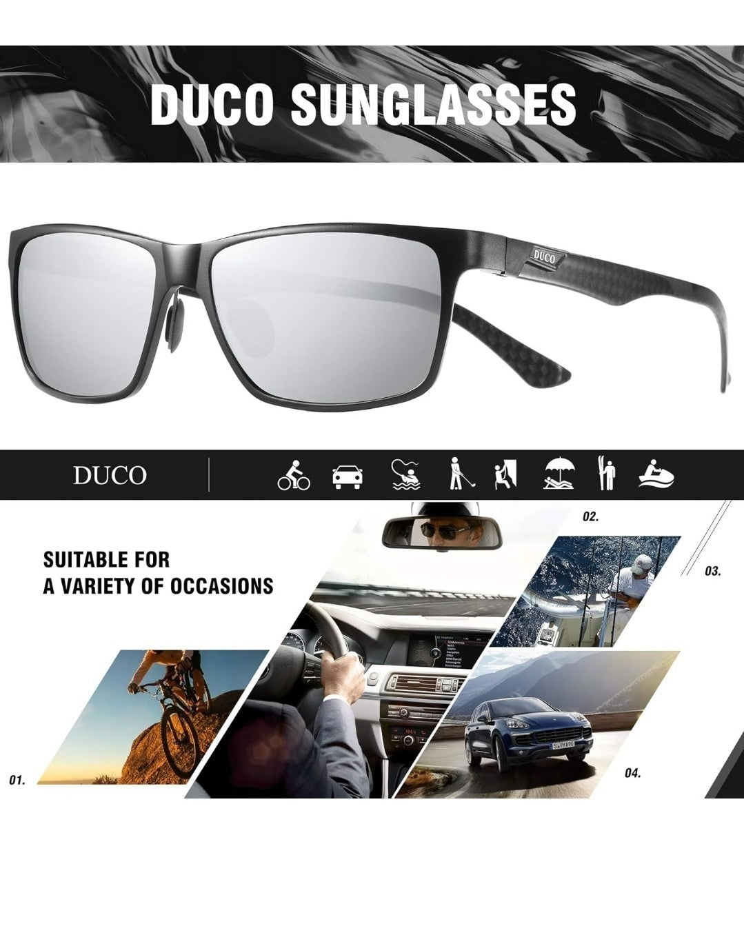 DUCO Men's Polarized Sunglasses 8206 Black Frame Silver Lens - FULL SET NEW