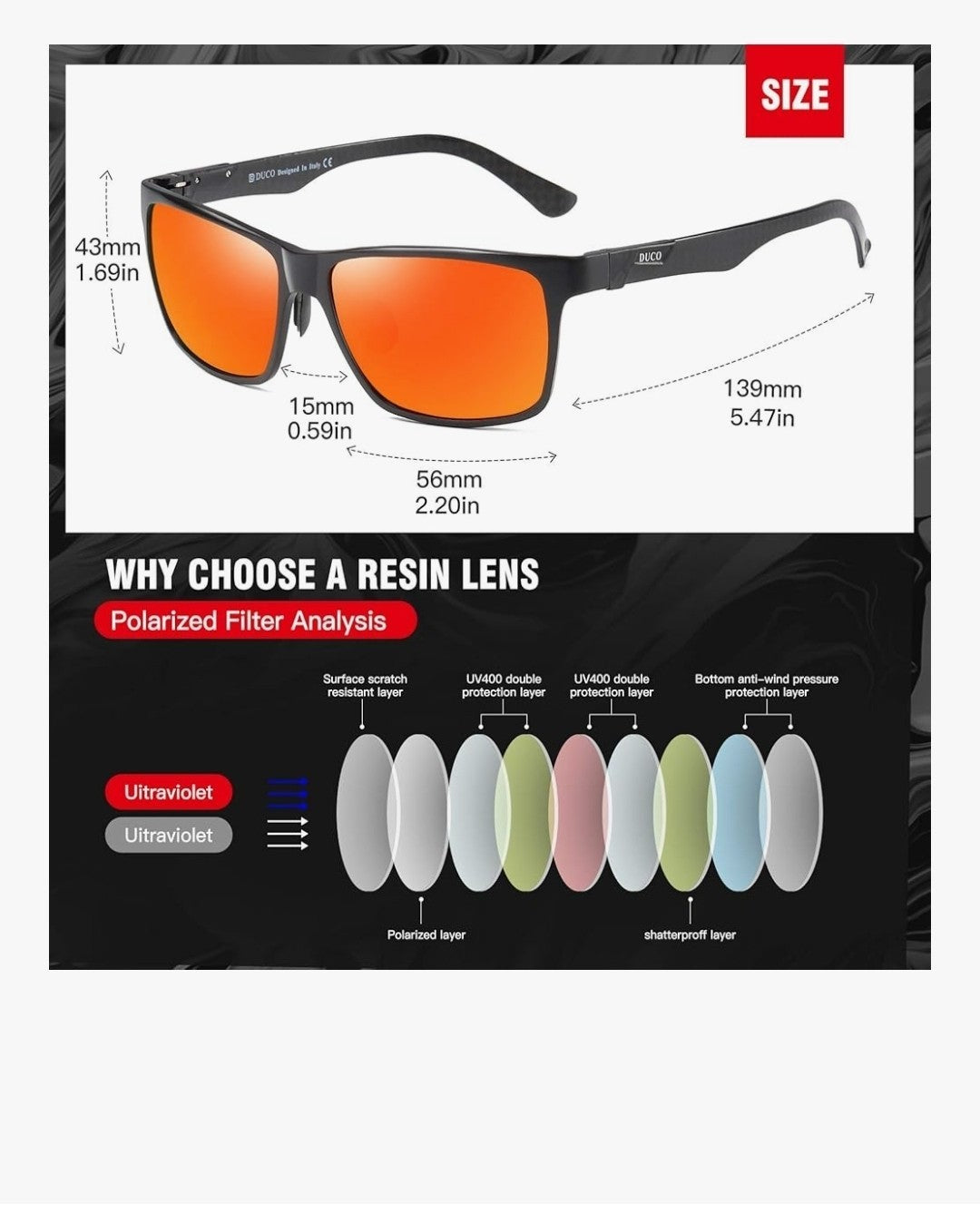 DUCO Men's Polarized Sunglasses 8206 Black Frame REVO RED Lens - FULL SET NEW