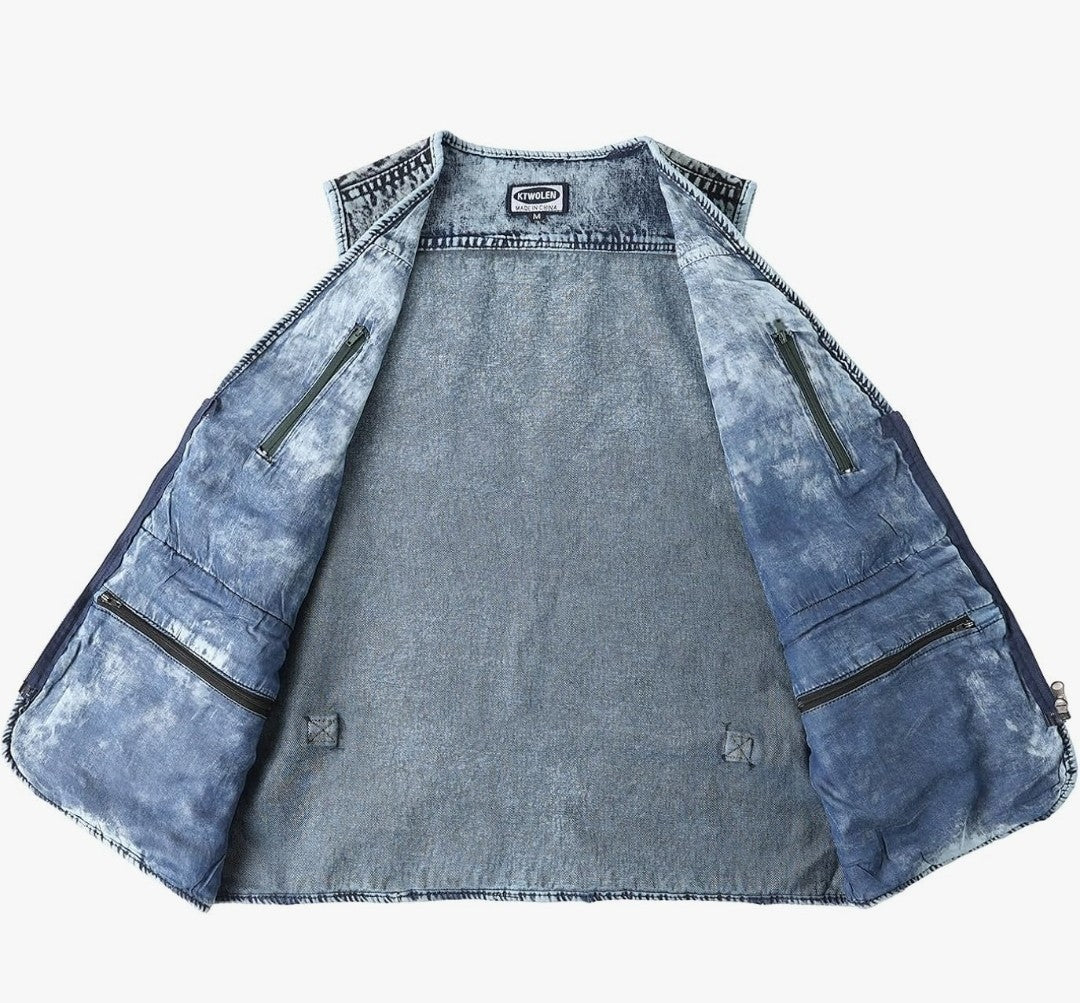 Men's KTWOLEN Denim Multi-Pocket Gilet Acid Wash Jeans Vest Biker Cowboy BNWT XL