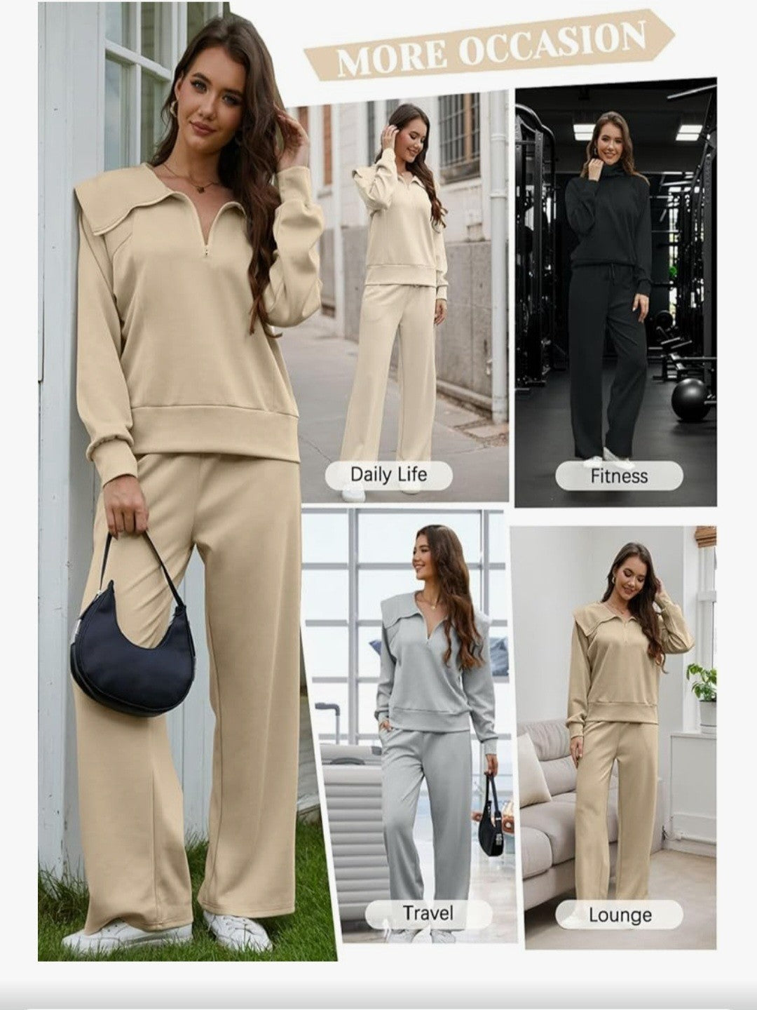 GheChury Women's 2 Piece Lounge Set Khaki Beige Half Zip Sweatshirt & Wide...