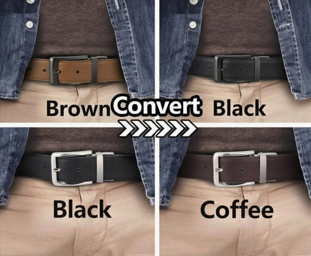 Sunya Men's Genuine Leather Reversible Belt Black Brown 2in1 Twist Buckle Boxed
