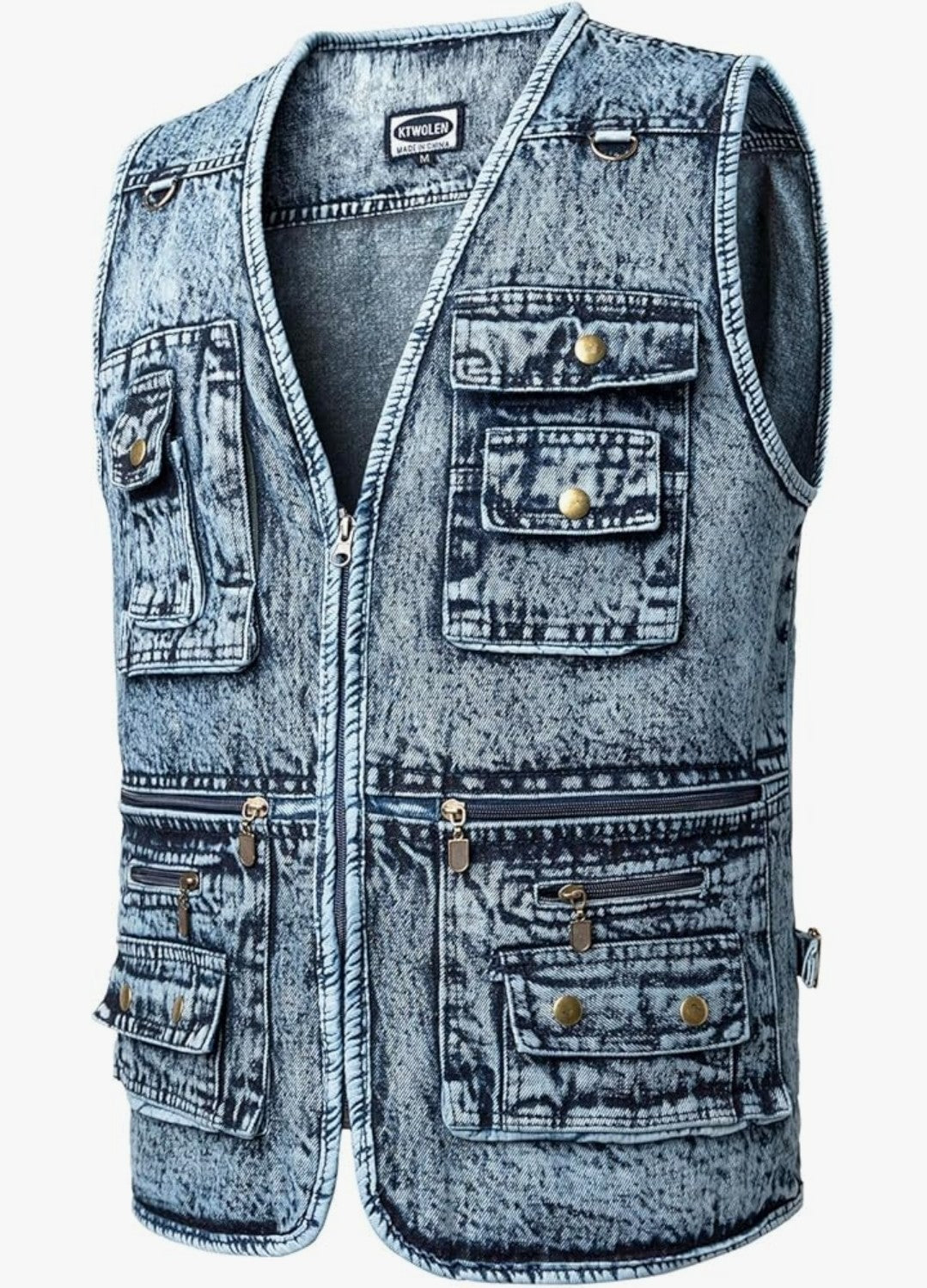Men's KTWOLEN Denim Multi-Pocket Gilet Acid Wash Jeans Vest Biker Cowboy BNWT XL