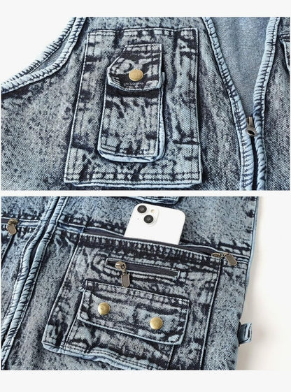 Men's KTWOLEN Denim Multi-Pocket Gilet Acid Wash Jeans Vest Biker Cowboy BNWT XL