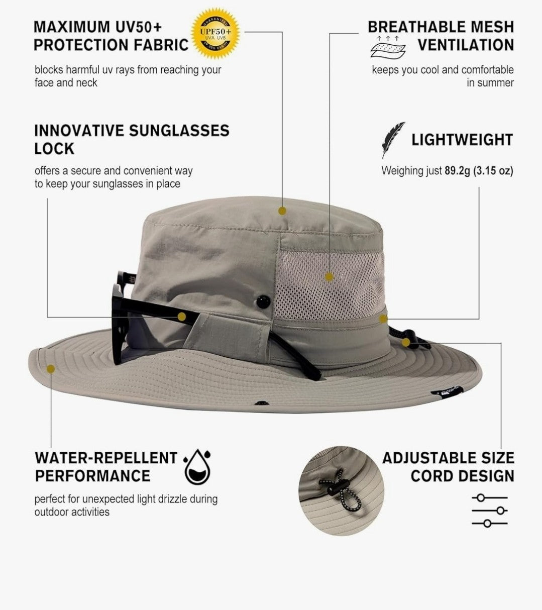 TOP-EX Men’s Sun Hat M/L Grey - Breathable Mesh Fishing Hiking Bucket Hat UV50+