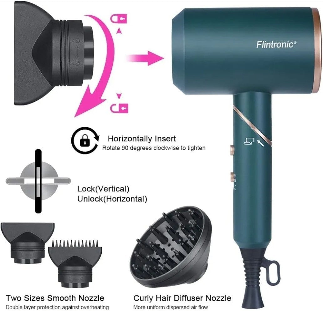 Flintronic Professional Ionic Hair Dryer 2000W - Green - New in Box - With 3...