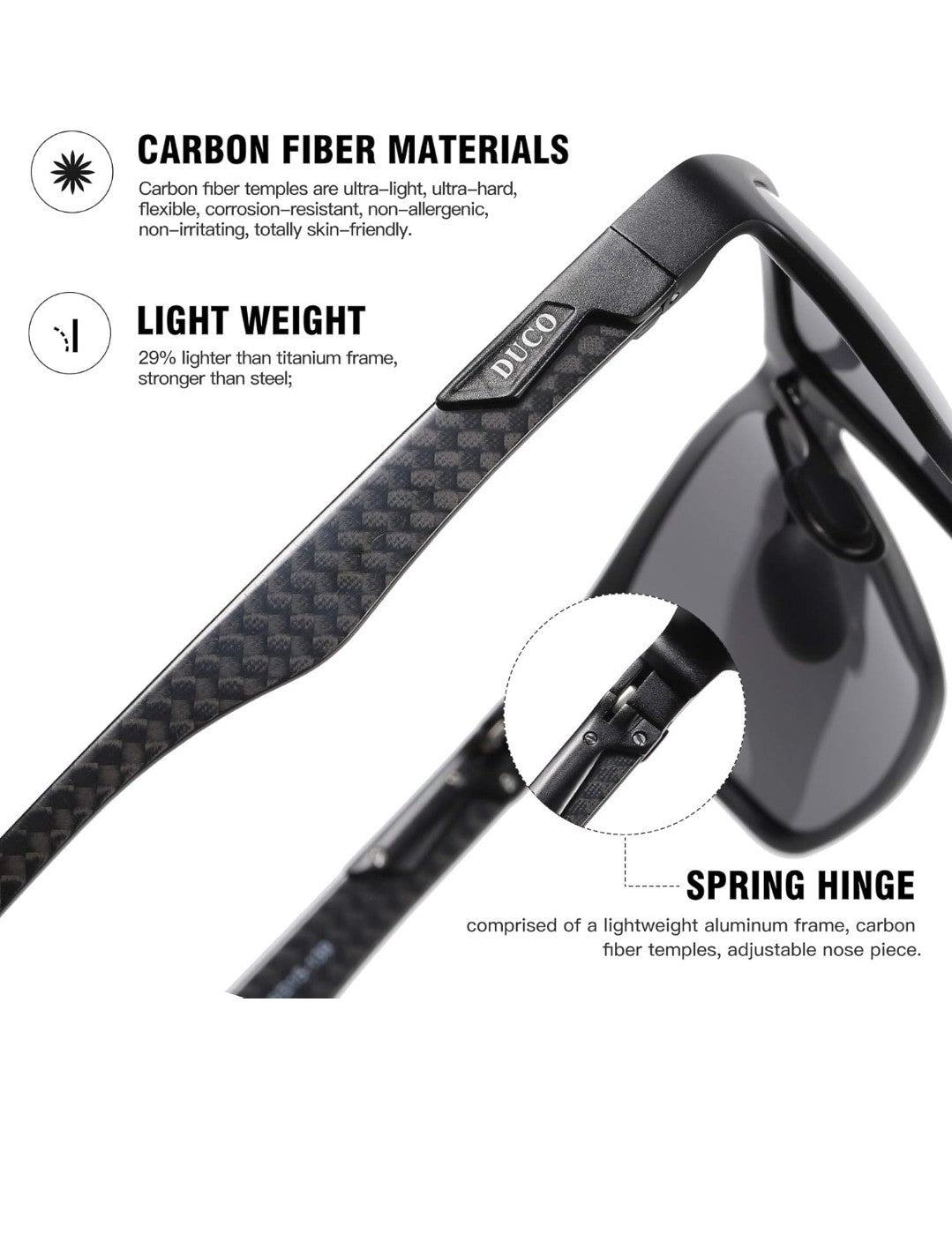 DUCO Men's Polarized Sunglasses 8206 Black Frame Silver Lens - FULL SET NEW